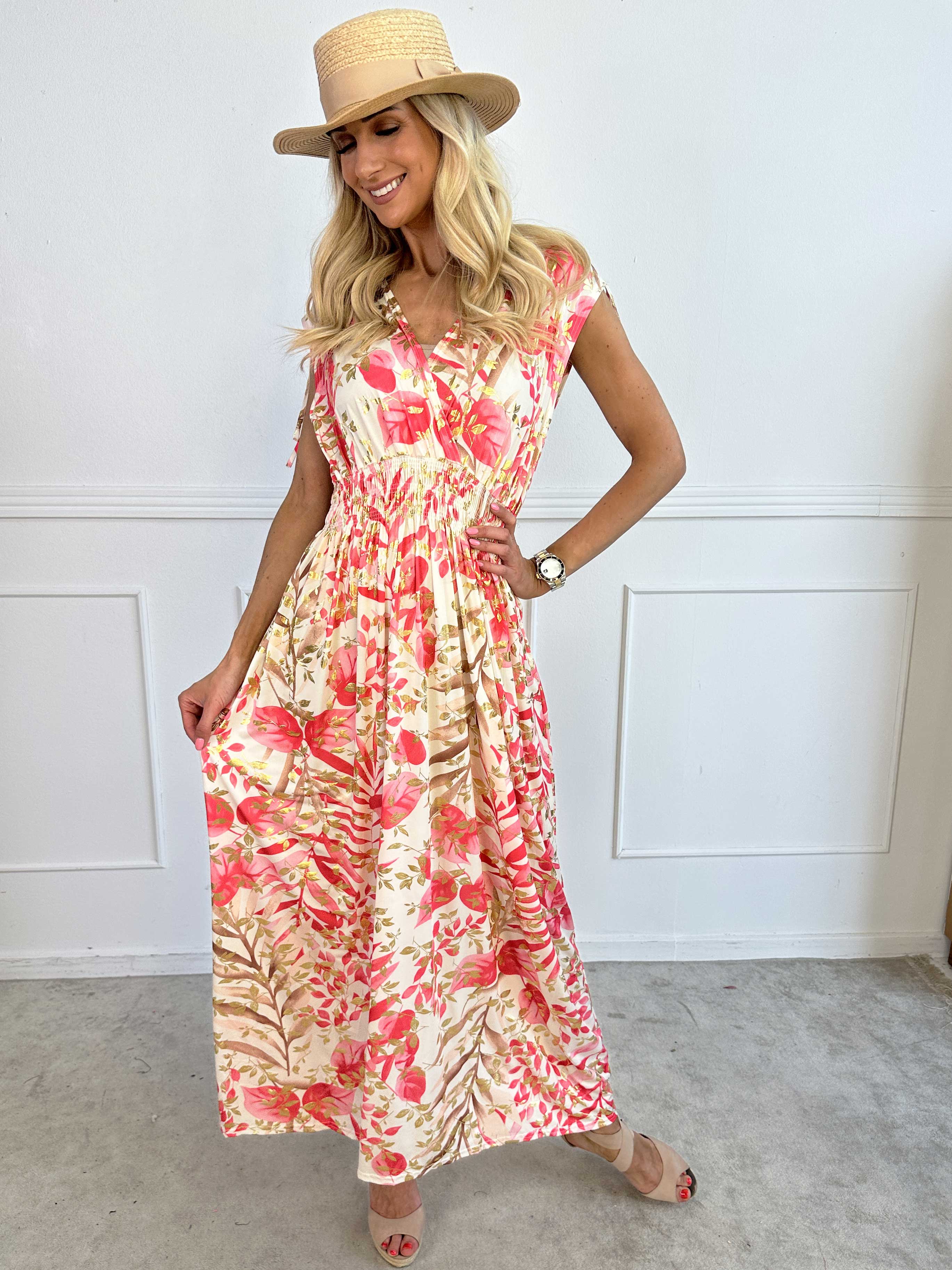 Pams Leaf Gold Sleeveless - Lang elastisk kjole med sødt blad print